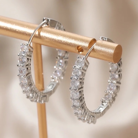 0.16-0.18Ct Princess or Round Eternity Hoop Double Forward Inlay Silver Earrings - Picture 14 of 16